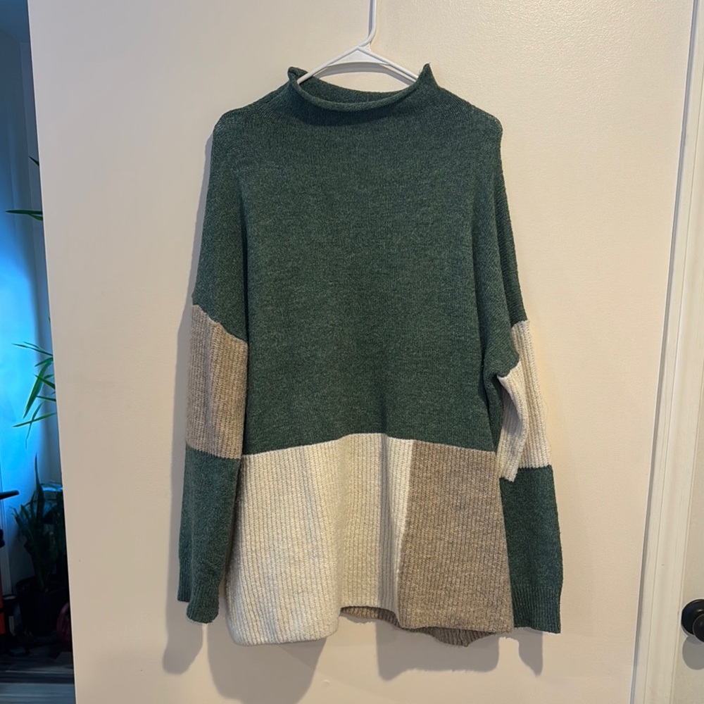 Chic Soul Green and Cream Cowl Neck Sweater